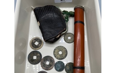 Antique Chinese Opium pipe holder, Snake skin purse and vari...
