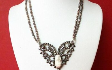 Antique Cut Steel Necklace With Shell Cameo & Natural