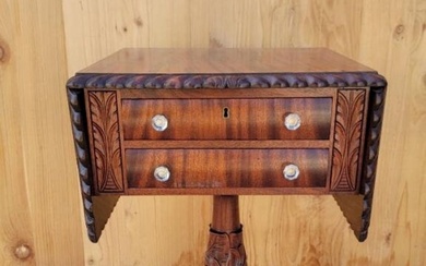 Antique Empire Carved Flame Mahogany 2 Drawer Drop-Leaf Sewing Work/Side...