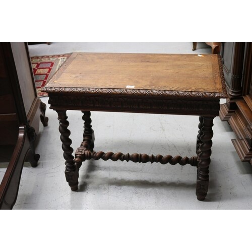 Antique French carved oak single drawer side table, approx 7...