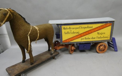 Antique German Wooden Wagon Toy w/ Mohair Pull Toy Horse