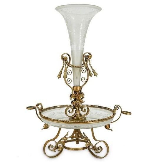 Antique Gilded Bronze & Etched Glass Epergne