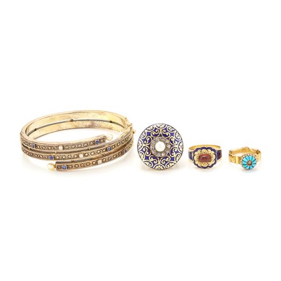 Antique Gold, Sapphire, Diamond and Pearl Bangle Bracelet, Two Rings and Brooch