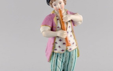 Antique Meissen figure in hand-painted porcelain. Boy playing flute. Marcolini period 1774-1814.