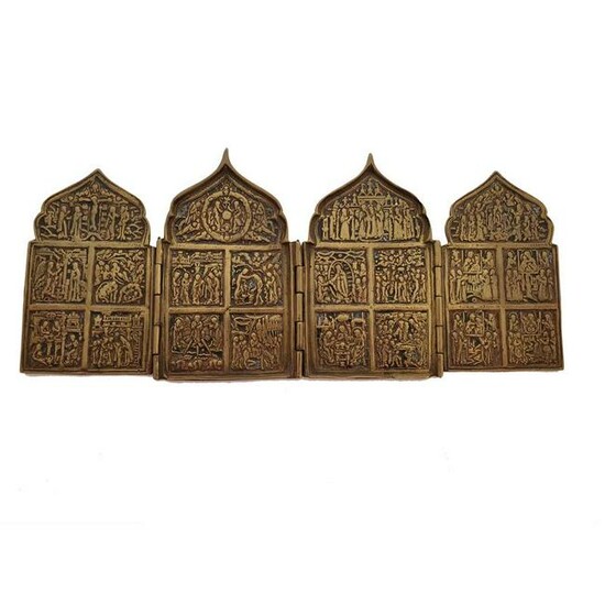 Antique Russian Bronze 4-Panel Folding Travel Icon