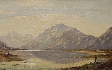 Antique Scottish Signed Oil Painting Figures in Panoramic Loch Landscape