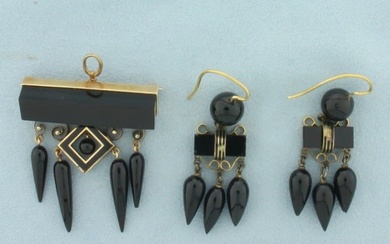 Antique Victorian Black Onyx Earrings and Brooch/Pendant Set in 14k Yellow Gold
