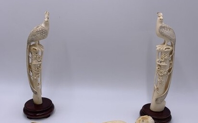 Antique lot-Chinese Hand Carved Bone Sculptures-2 Birds & Reclining Woman
