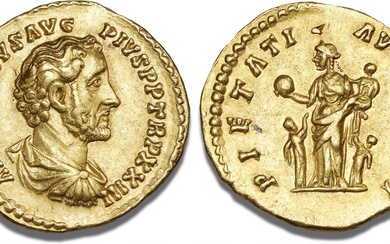 Antoninus Pius, 138–161, Aureus, c. 159–160, Rome, bare-headed cuirassed bust, Pietas holding...