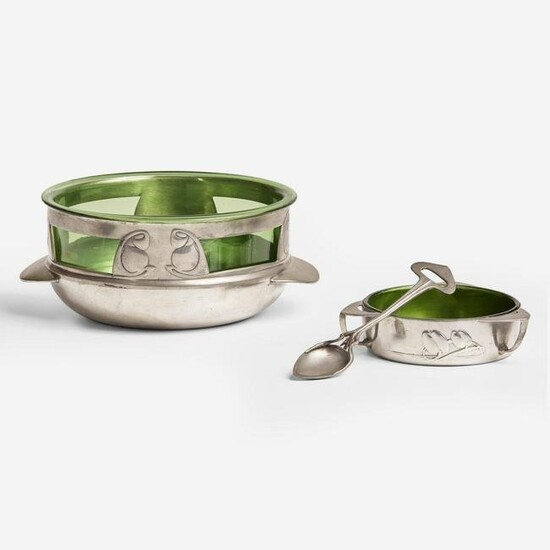 Archibald Knox for Liberty & Co., London A "Tudric" Pewter Bowl, Butter Dish, and Spoon, England