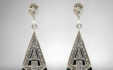 Art Deco Black Onyx & Marcasite Sterling Silver Dangle Earrings