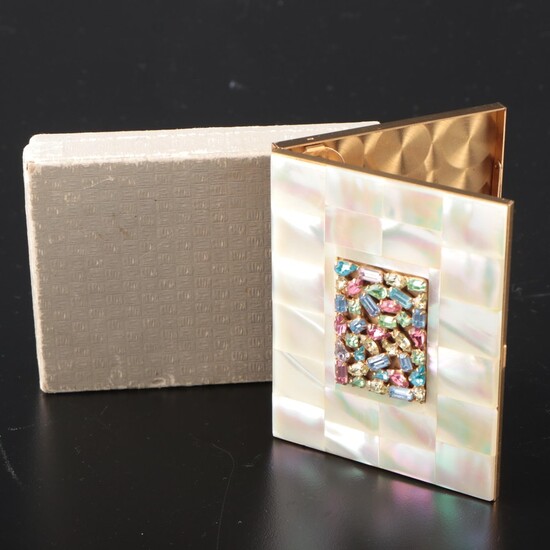 Art Deco Style Mother-of-Pearl and Foil Back Glass Brass Cigarette Case