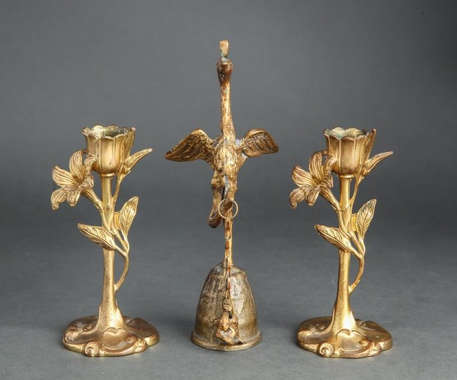 Art Nouveau Style Candle Holders & Bird Bell, 3