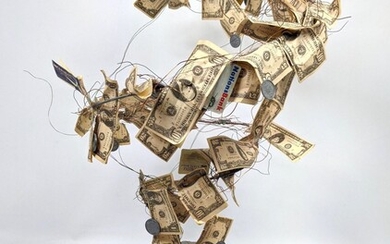 Artisan Sculpture of Money Going Down The Drain. Concre