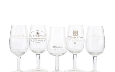 Assorted Whisky Nosing Glasses Bunnahabhain, Macallan, Glengoyne, Highland Park, Glenmorangie 13cm - 13.5cm Tall