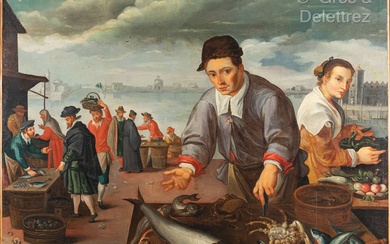 Attribué à Dirk de VRIES (vers 1550 - vers 1595) Marché aux poissons à Anvers...
