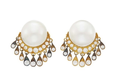 Attributed to Nardi Pair of Gold, Blackened Gold, Mabé Pearl and Diamond Fringe Earclips
