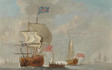 Attributed to Peter Monamy (British 1681-1749), A ship of the line with other vessels at sea, a sailing craft alongside