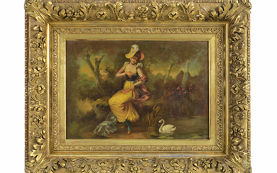 BENNER J. mogelijk voor JEAN BENNER (1836 - 1906) olieverfschilderij op paneel met een typisch belle époque - thema : "Meisje bij een zwaan op een vijver" - 36 x 52 getekend ||19th/20th Cent. oil on panel - signed J. Benner, maybe for Jean Benner