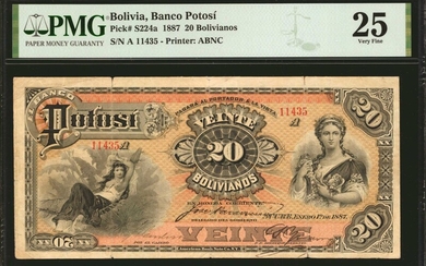 BOLIVIA. El Banco Potosi. 20 Bolivianos, 1887. P-S224a. PMG Very Fine 25.
