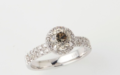 Bague en or blanc (14 K) ornée au centre d'un diamant taille moderne de 1...