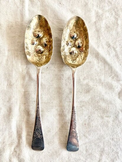Berry spoon, English silver - A magnificent pair of large serving spoons (2) - .925 silver, Silver gilt - Robert Stebbings- England - Late 19th century