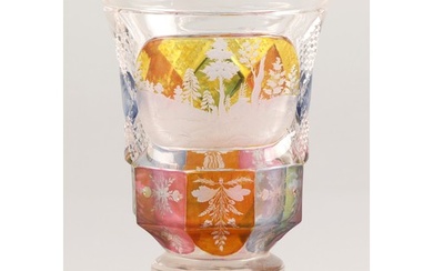 Bohemian glass beaker with engraved hunting scene, clear wit...