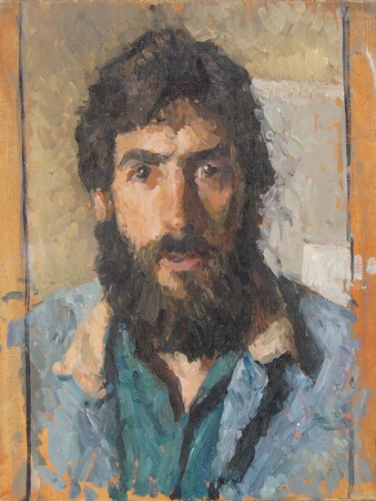 British School, mid/late-20th century- Portrait of a bearded man, quarter length in a blue shirt; oil on canvas, 36 x 28 cm: together with two other smaller oil studies of portrait studies by the same hand (3) (unframed) Provenance: The estate of...
