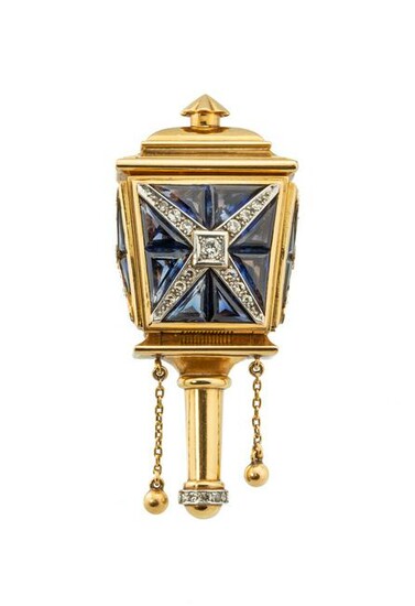 Brooch in the form of a lantern with an Omega watch