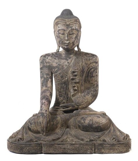 Buddha Southeast Asia/well Myanmar, wood, patinated and mounted, in vajrasana sitting Buddha, holding the hands in bhumisparsa mudra, dressed in a simple garment with floral ornamentation, lowered look, gentle smile and long earlobes, narrow tiara...