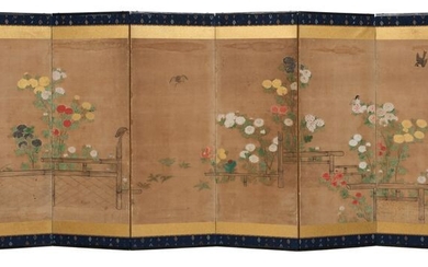 Byobu, Folding screen - Paper, Wood - Medium-sized six panel byobu-screen with a Rinpa style painting of birds in a chrysanthemum garden - Japan - Late Edo period