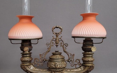 C 1890's signed Plume & Atwood "Harvard"cast brass double student oil lamp with antique peach swirl