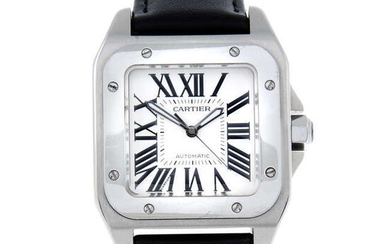 CARTIER - a mid-size stainless steel Santos 100 wrist watch.