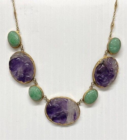 CARVED AMETHYST & JADE NECKLACE SET IN 14KT YELLOW GOL