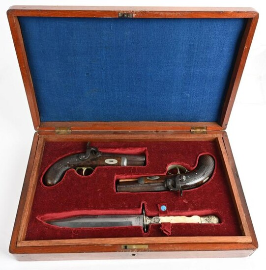 CASED PAIR 1840'S DERRINGERS WITH DRESS KNIFE