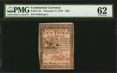 CC-22. Continental Currency. February 17, 1776. $2/3. PMG Uncirculated 62.
