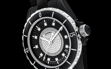CHANEL. A BLACK CERAMIC AND DIAMOND-SET AUTOMATIC WRISTWATCH WITH SWEEP CENTRE SECONDS, DATE AND BRACELET J12 MODEL, CIRCA 2008