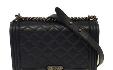 CHANEL Quilted CC SHW Boy 28cm Chain Shoulder Bag Lambskin Leather Navy