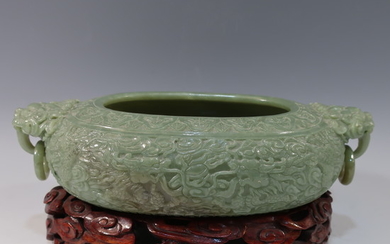 CHINESE ANTIQUE CARVED CELADON JADE BOWL - 18/19TH CENTURY