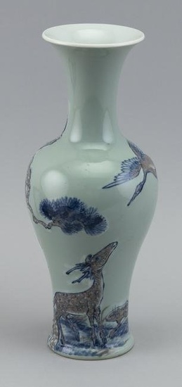 CHINESE BLUE, WHITE AND COPPER RED ON CELADON PORCELAIN BALUSTER VASE Early 20th Century Height