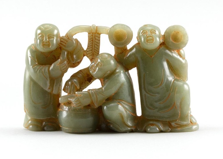 CHINESE CARVED GREEN JADE FIGURE GROUP Three wedding musicians. Height 3.5". Length 5".
