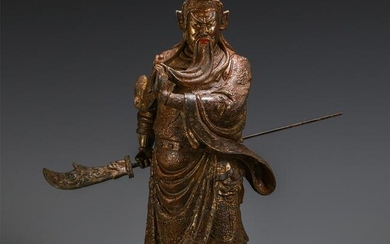 CHINESE GILT BRONZE STAND GUANGONG STATUE