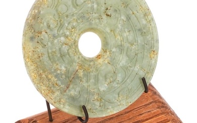 CHINESE HAND CARVED JADE BI DISK WITH WOOD STAND