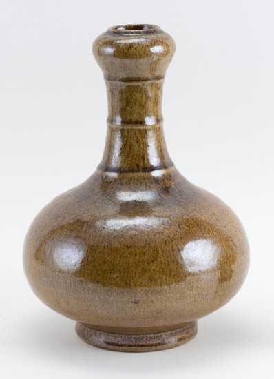 CHINESE OLIVE BROWN GLAZE PORCELAIN VASE In gourd form, with banded design on the neck. Height 13.5".