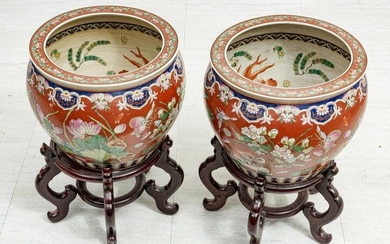 CHINESE POLYCHROME PORCELAIN PLANTERS, PAIR, H 12", DIA