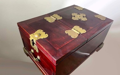 CHINESE ROSEWOOD JEWELRY BOX, SILK LINED, BEVELED MIRROR, BRASS PULLS & MOUNTS Vintage Late 20th