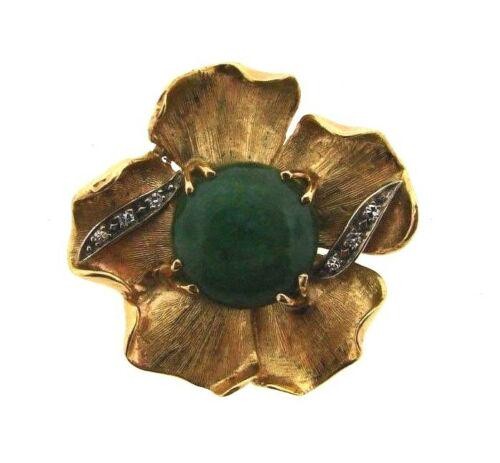 CUTE Gold Plated, Diamond & Jade Flower Pin Circa 1950s