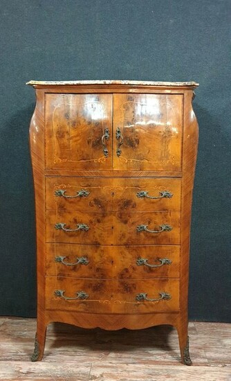 Cabinet - Louis XV style - Curved all sides - In burr walnut and precious wood - Circa 1900