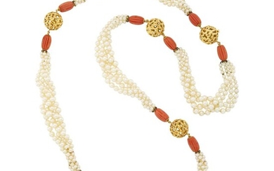 Cartier Long Four Strand Cultured Pearl, Gold and Fluted Coral Bead Necklace