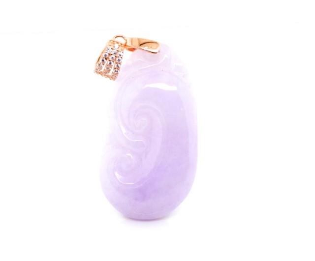 Carved lavender jade pendant with a rose gilt silver and gem...